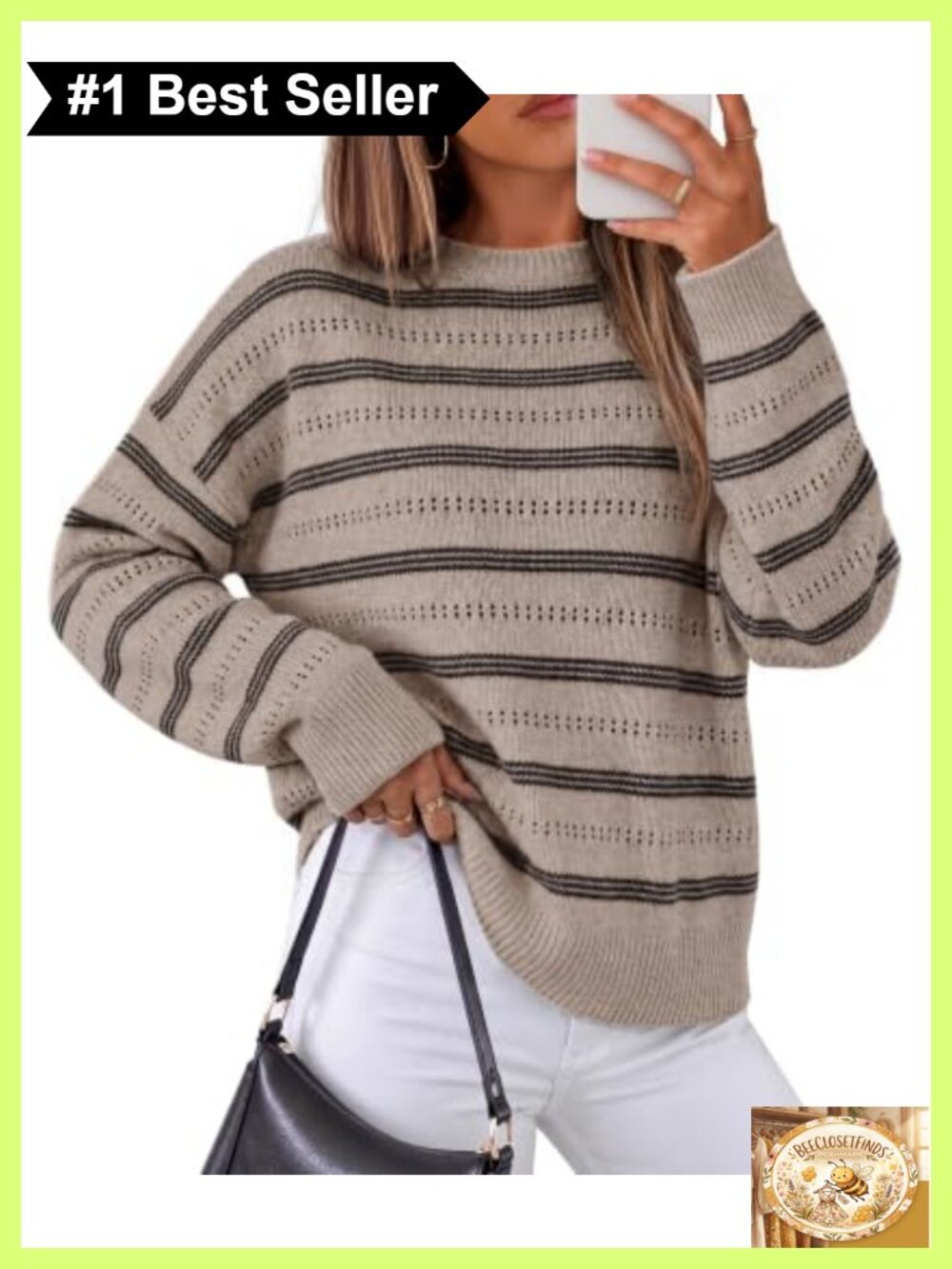 Women's Long Sleeve Striped Pullover Sweater Crew Neck Loose Knit